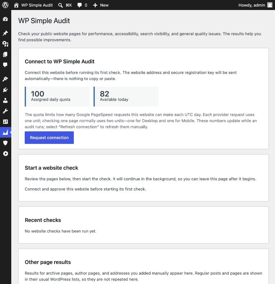 WP Simple Audit dashboard showing audit progress and PageSpeed results