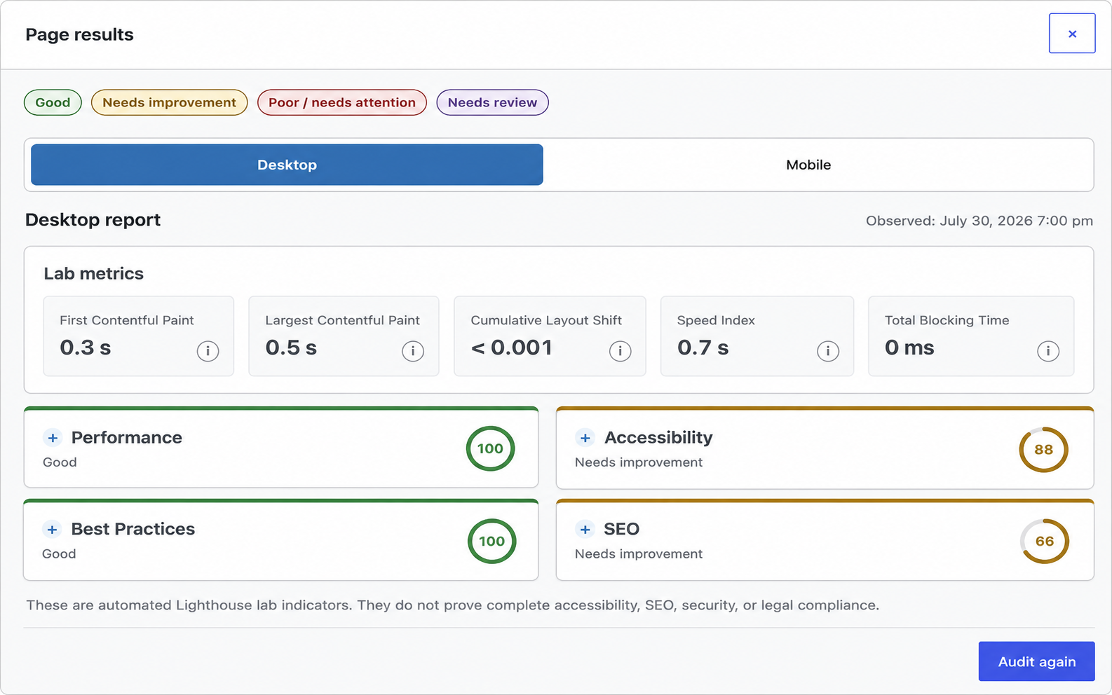 WP Simple Audit Page results popup showing lab metrics and Lighthouse category scores