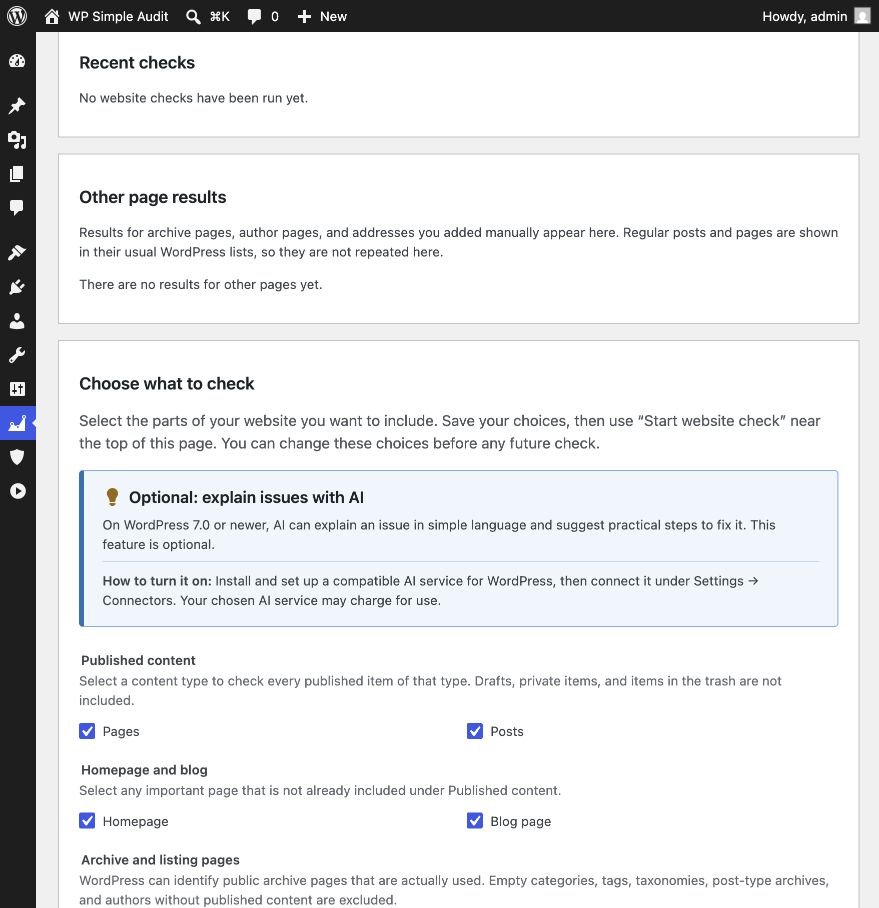 Audit scope options in WP Simple Audit, including published content, homepage, posts page, and archives