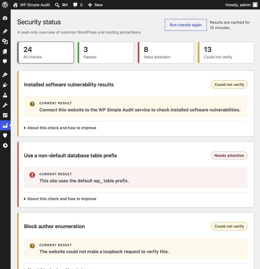 WP Simple Audit security status cards and known vulnerability results